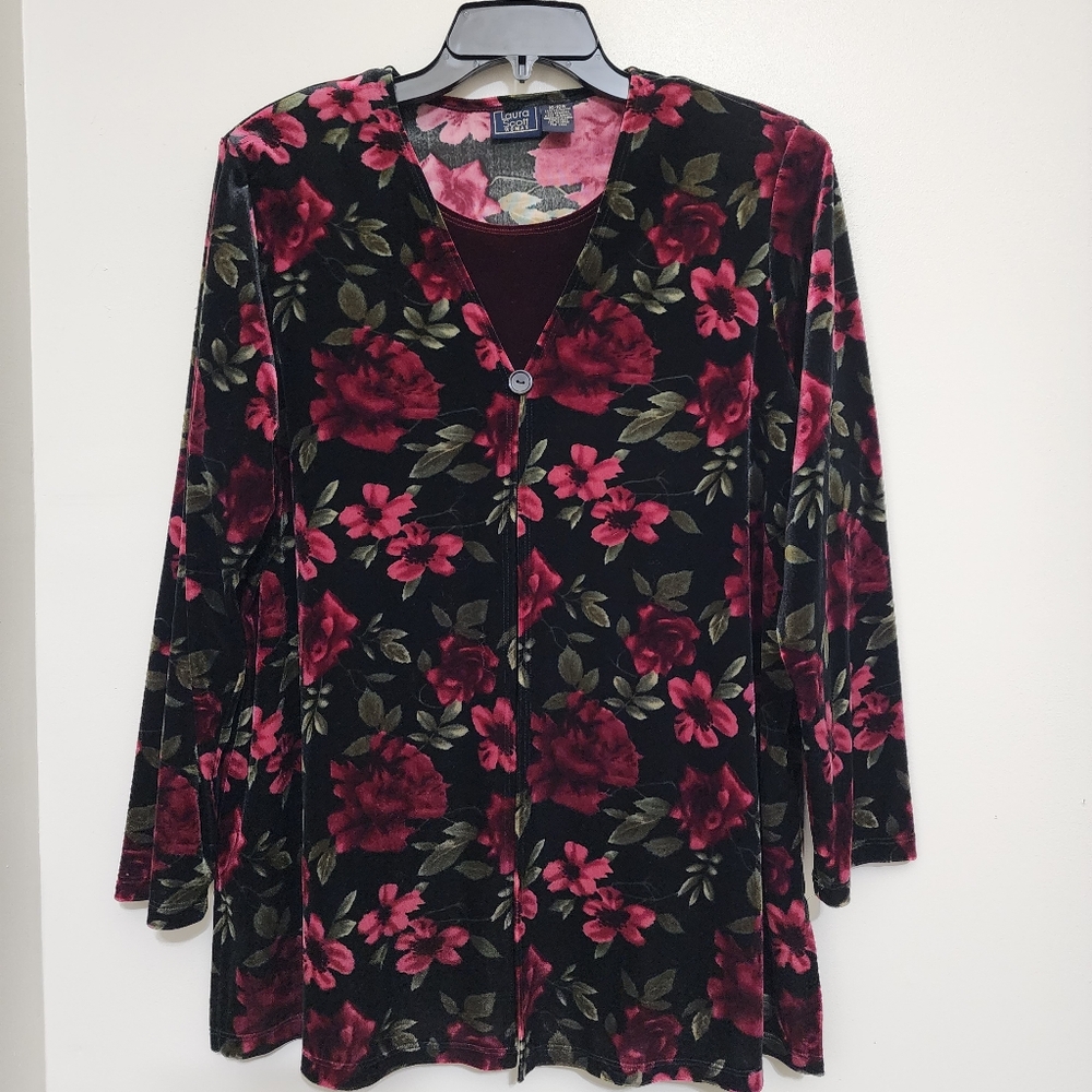 vintage 90s LAURA SCOTT 16/18W Floral Velvet‎ Layered Top Black Shoulder Pads